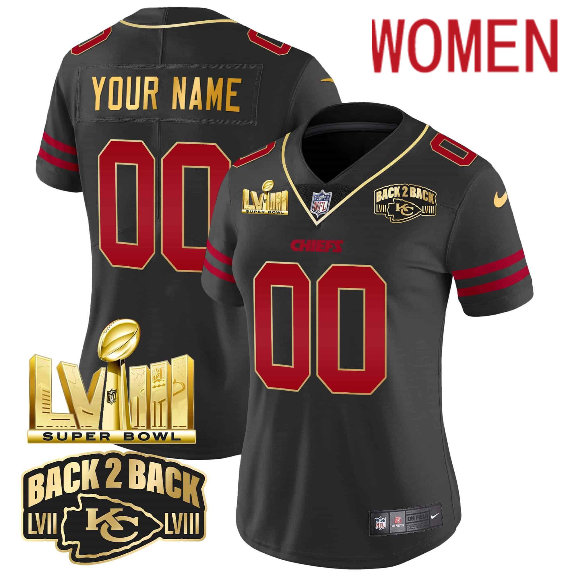 Women Kansas City Chiefs Black 2024 Nike Super Bowl LVIII & Back-2-Back Gold Patch Vapor Custom NFL Jersey style 1